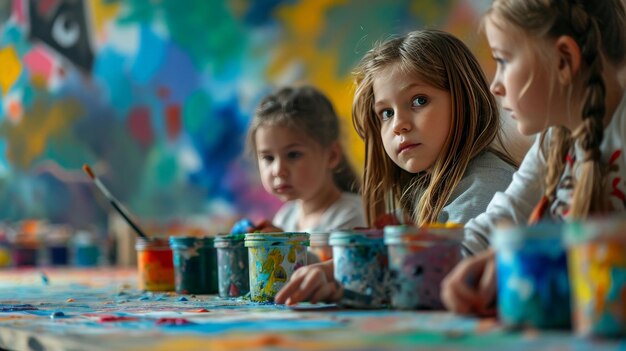 Petites filles assises à une table peignant à l'aquarelle Jour des enfants