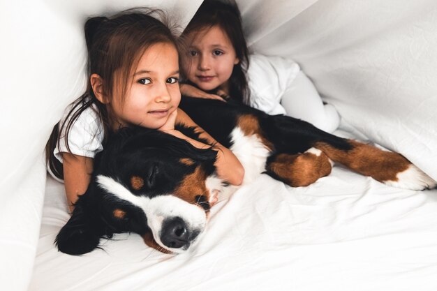 Petites Filles Au Lit Avec Chien Bouvier Bernois, Amitié