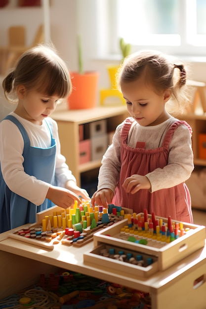 Des petites filles jouant avec des blocs de bois dans une pièce avec une table et une fenêtre.