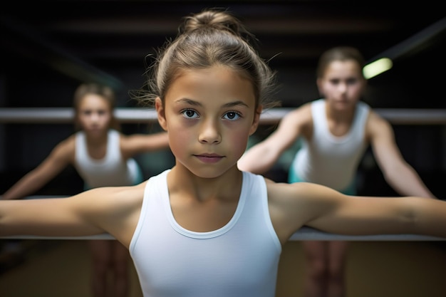 Photo petites filles s'étirant les bras pendant l'exercice de ballet en classe