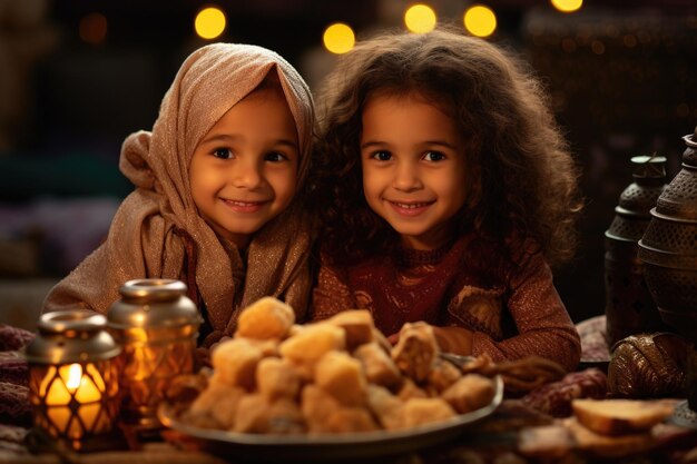 Photo petites filles à une table remplie de nourriture