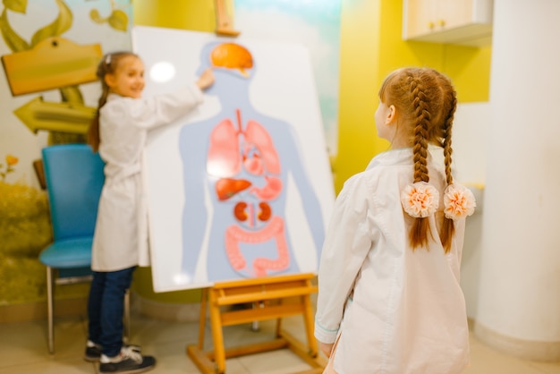 Petites filles en uniforme jouant au docteur à l'affiche avec des organes humains