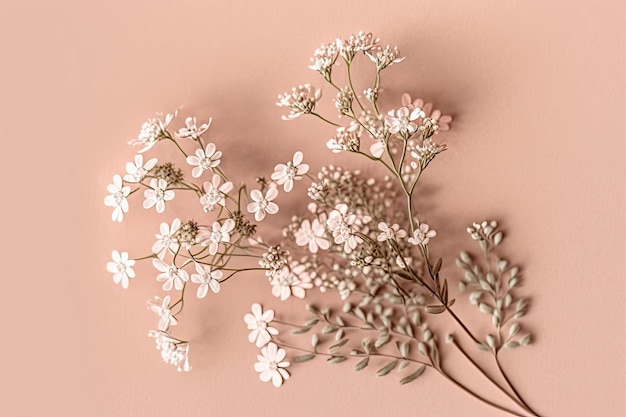 Petites fleurs beiges délicates sur fond rose pastel créées avec une IA générative