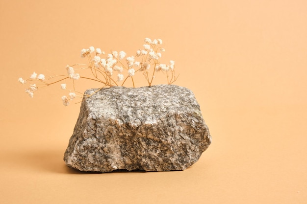 Petites fleurs blanches de gypsophile, papier blanc froissé et pierre naturelle sur fond beige, arrière-plan pour la présentation de votre espace de copie de maquette de produit biologique