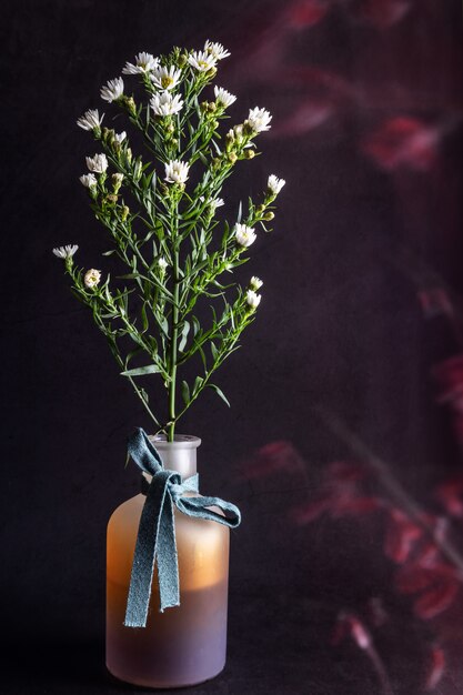 Petites fleurs de marguerite dans un vase foncé