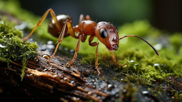 Les petites fourmis rampent sur les feuilles vertes mouillées.