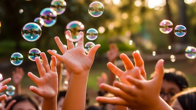 Les petites mains cherchant des bulles irisées rigolent flottant dans l'air pendant que les enfants chassent à l'extérieur