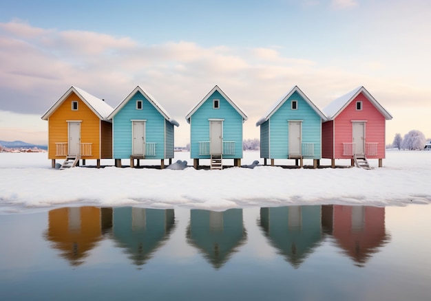 De petites maisons au milieu de l'eau avec des montagnes en arrière-plan En hiver