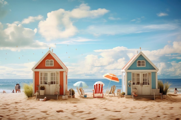 Petites maisons de plage colorées au bord de la mer Des cabanes colorées sur une plage de sable près de l'océan Concept de vacances d'été Créé avec l'IA générative