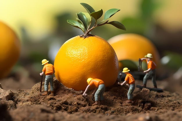 Petites personnes travaillant sur des fruits Fond flou miniature