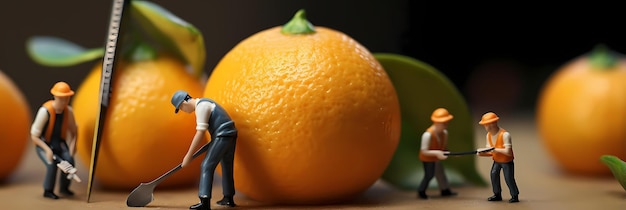 Petites personnes travaillant sur des fruits Fond flou miniature