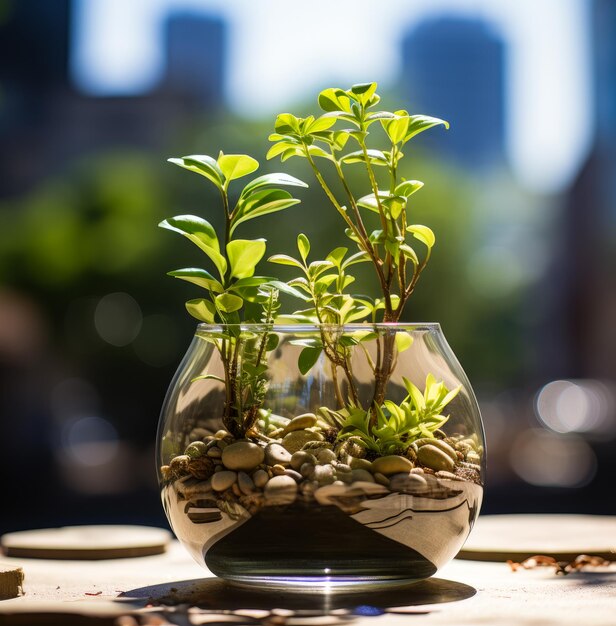 Petites plantes dans un vase en verre