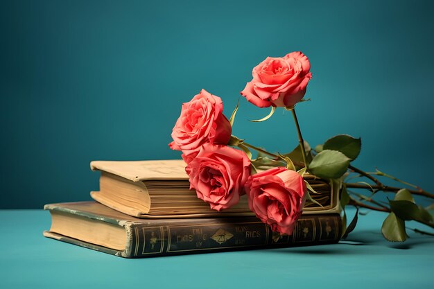 De petites roses et un vieux livre sur fond bleu