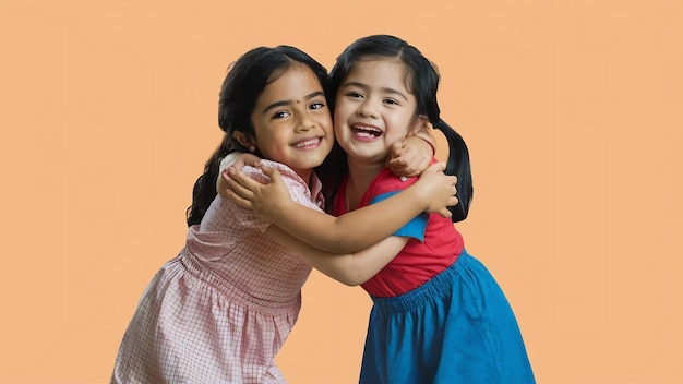 Photo des petites sœurs indiennes ou asiatiques ludiques et jolies ou des amies d'humeur ludique étreignant du pus dansant