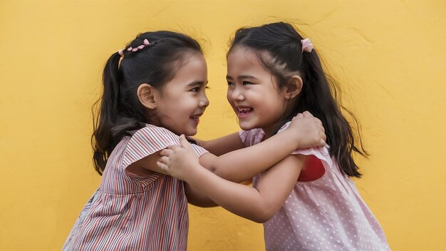 Photo des petites sœurs indiennes ou asiatiques ludiques et jolies ou des amies d'humeur ludique étreignant du pus dansant