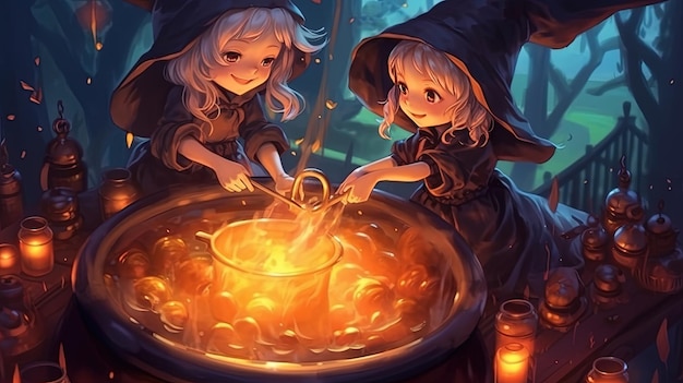 Des petites sorcières adorables brassant des potions dans un chaudron Concept fantastique Peinture d'illustration