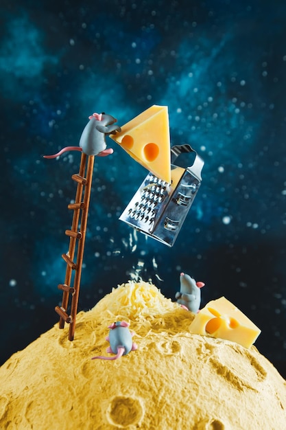 De petites souris en pâte à modeler font une lune avec du fromage