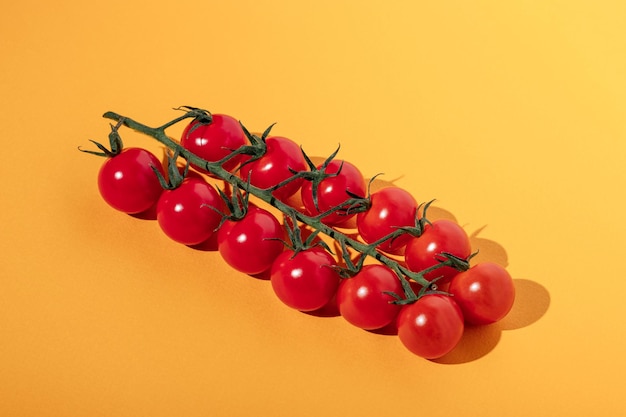 Petites tomates cerises rouges sur une branche sur fond jaune