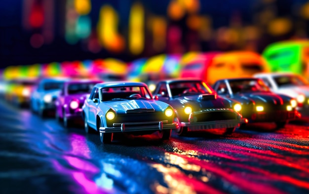 Photo petites voitures alignées avec des lumières allumées