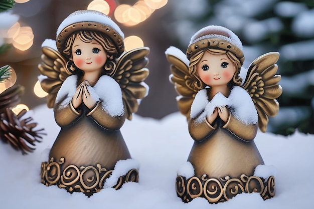 Photo petits anges gardiens dans la neige décoration de noël