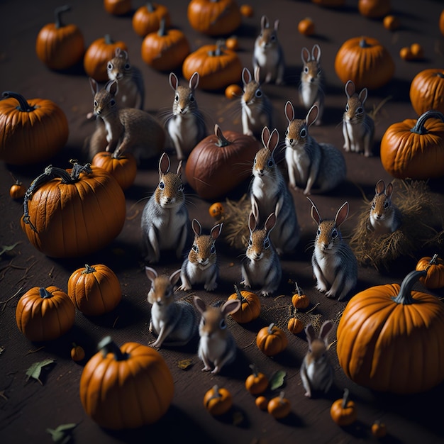 petits animaux comme les écureuils et les lapins entourés de citrouilles