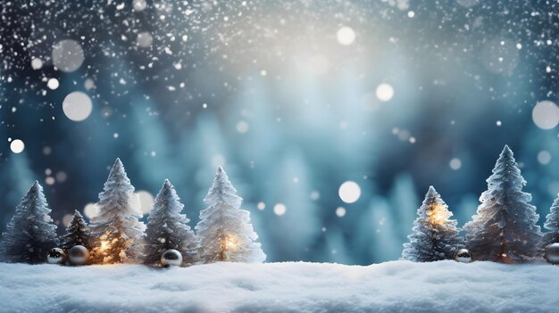 Petits arbres de Noël blancs sur la neige En arrière-plan, l'effet bokeh léger et la chute de la neige tachaient la forêt de pins d'hiver Vue latérale Bannière de Noël avec de l'espace pour votre propre contenu