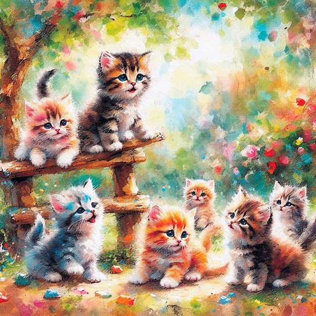 De petits chatons heureux jouant dans le parc peints à l'aquarelle.
