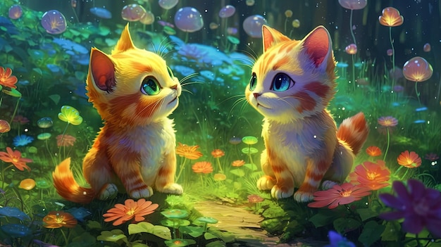 Petits chats enchantés jouant dans un jardin magique Concept fantastique Peinture d'illustration