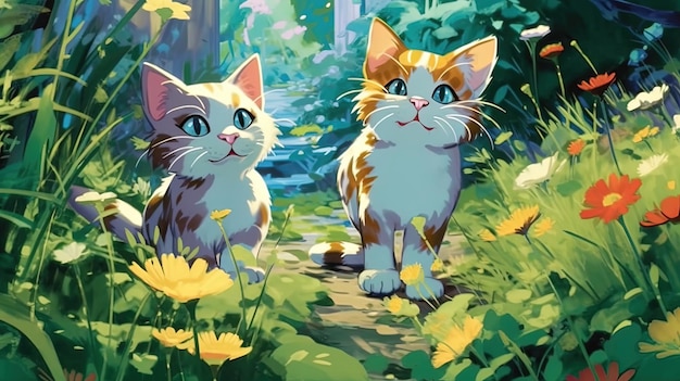 Petits chats enchantés jouant dans un jardin magique Concept fantastique Peinture d'illustration