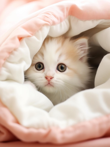 Des petits chats mignons se cachant sur des couvertures