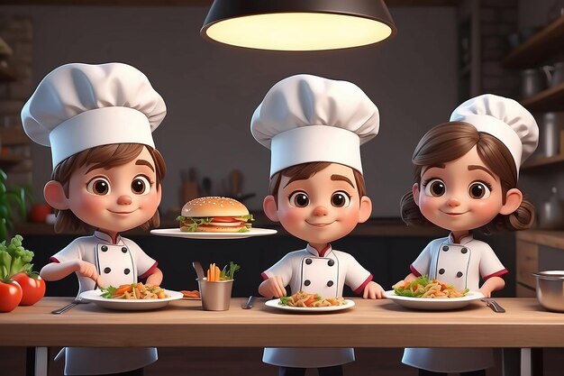 Photo des petits chefs mignons qui servent de la nourriture à la table.