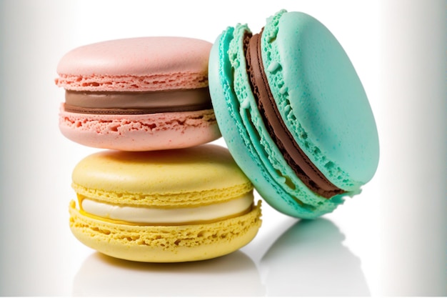 Petits desserts français appelés macarons de différentes couleurs isolés sur fond blanc avec un chemin de détourage