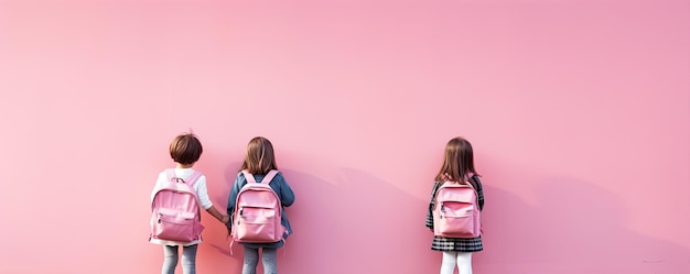 Petits élèves de la vue arrière contre le mur d'épingle Enfants Retour à l'école bannière