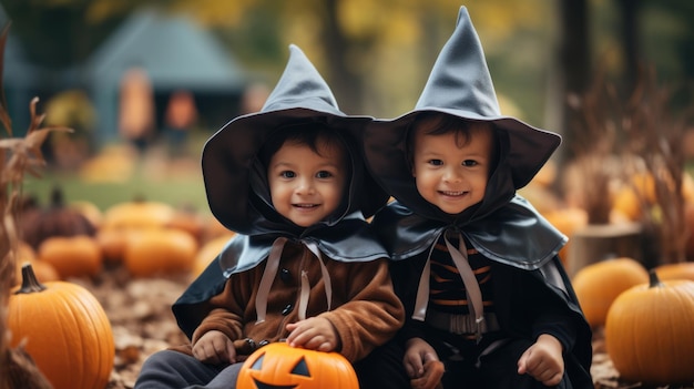 Petits enfants en costumes de sorcière s'amusant à Halloween Trick or Treat