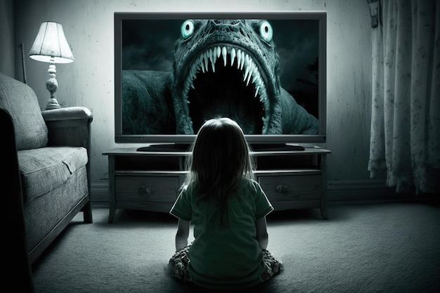 Les petits enfants dans une pièce sombre à regarder la télévision la nuit Nightmares Monster Horror Concept