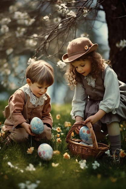 Les petits enfants heureux rassemblent des œufs de Pâques dans le parc.