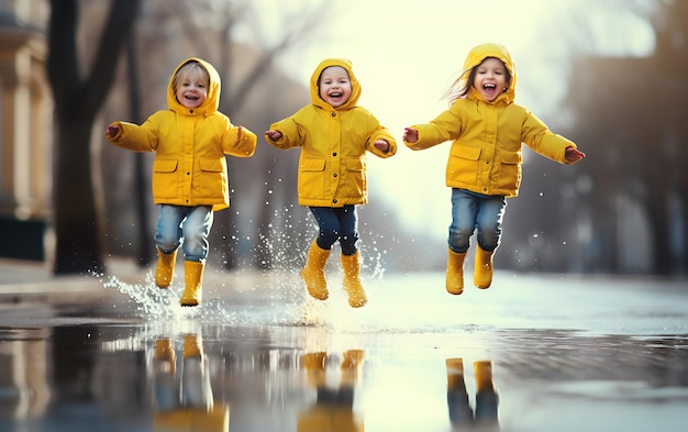 Les petits enfants heureux sautent dans les flaques d'eau avec du caoutchouc