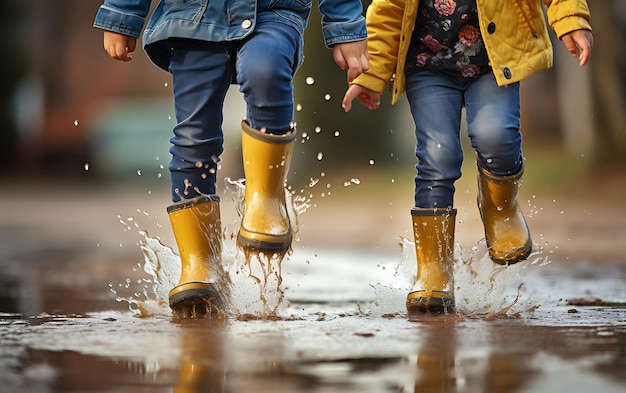 Photo les petits enfants heureux sautent dans les flaques d'eau avec du caoutchouc