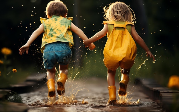 Les petits enfants heureux sautent dans les flaques d'eau avec du caoutchouc