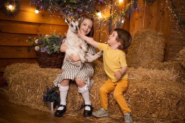 Petits enfants, jouer, à, chèvre, dans, grange, dans, ferme