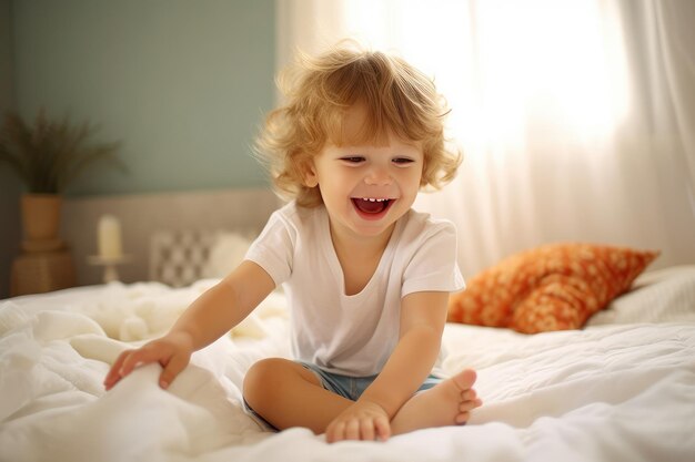 Les petits enfants mignons qui chatouillent les pieds sur le lit qui rient et sourient AI générative