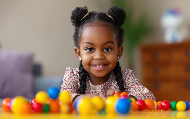 De petits enfants noirs jouent avec des blocs et des jouets dans une garderie avec un grand espace vide.