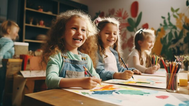 petits enfants peignant avec des crayons à la maison