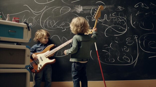 Photo petits enfants près du tableau à l'école de musique