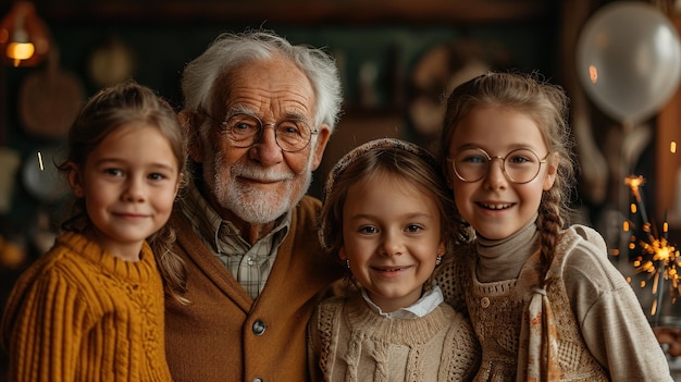 Les petits-enfants souhaitent à leur grand-père un joyeux anniversaire Portrait de famille