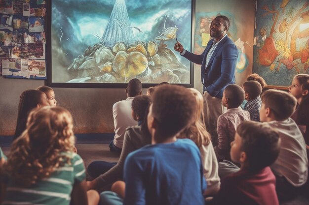 Les petits enfants travaillent avec l'enseignant en classe de programmation IA générative