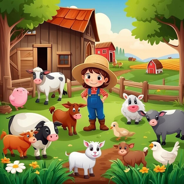 Petits fermiers de dessins animés avec des animaux à la ferme