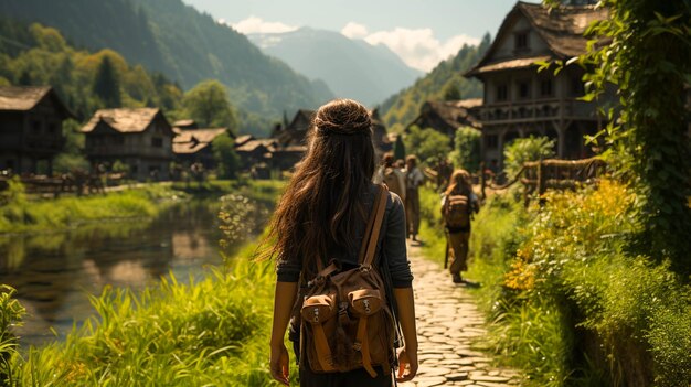 petits garçons et filles allant à l'école par la route du village