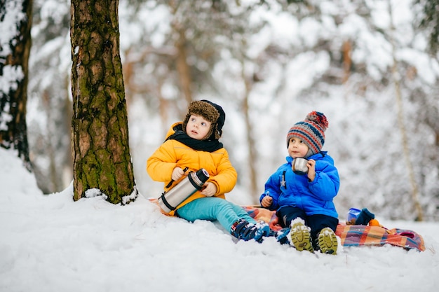 Les petits garçons pique-niquent dans la forêt en hiver et partagent le thé de thermos.