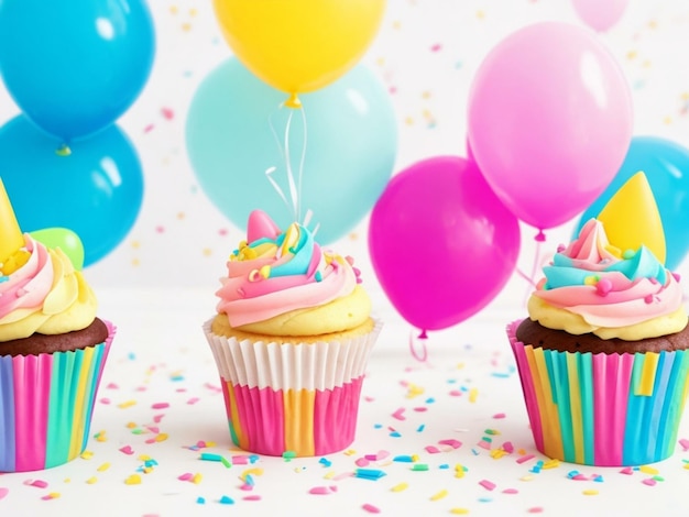 petits gâteaux d'anniversaire avec fond de ballons colorés